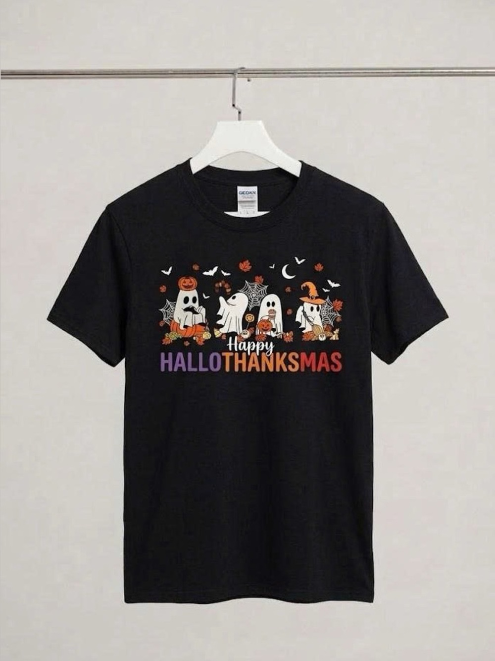 Happy Hallothanksmas Graphic Tee Cute Ghosts Fall Holiday Black T-Shirt